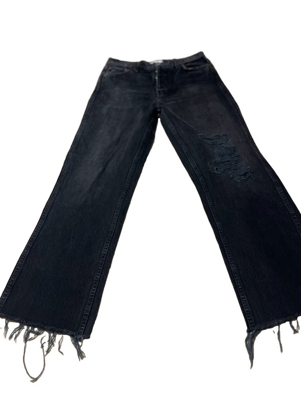 RE/DONE  Black Wash Button Fly Fray Hem Distressed Denim Jeans Womens sz 28 USA